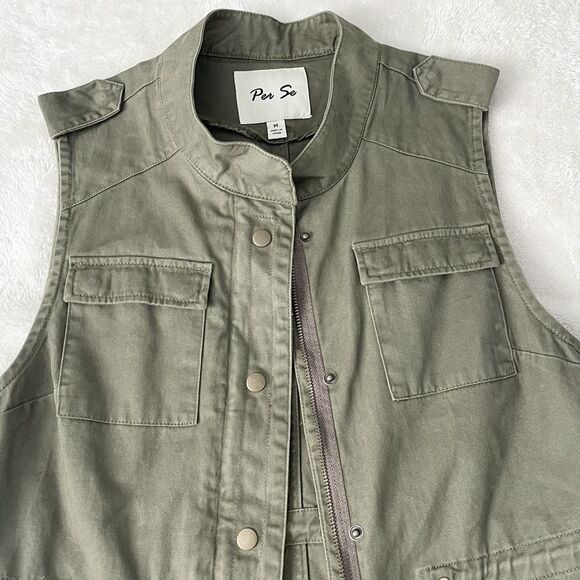 Per Se Utility Vest Women Size M Cargo Hunter Green Pockets Waist Drawstring - Picture 2 of 14
